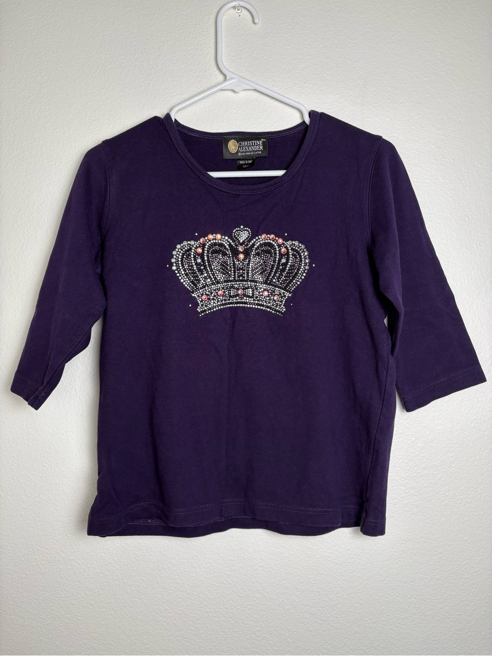 Christine Alexander Purple Mid Sleeve Top with Rhinestone Crown Size Small